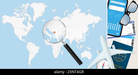 Montenegro is magnified over a World Map, illustration with airplane, passport, boarding pass, compass and eyeglasses. Vector illustration. Stock Vector