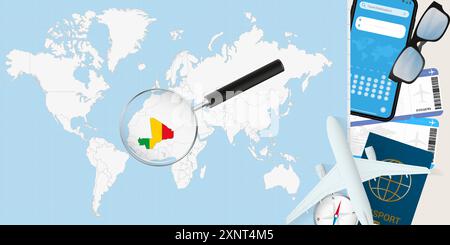 Mali is magnified over a World Map, illustration with airplane, passport, boarding pass, compass and eyeglasses. Vector illustration. Stock Vector