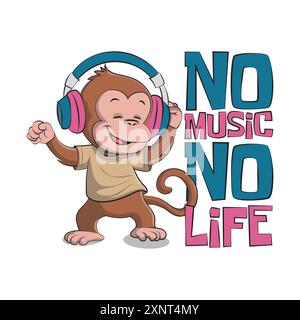 Funny cute monkey dancing and listening music with an inspirational motivational quote no music no life. Vector illustration for tshirt, website, clip Stock Vector