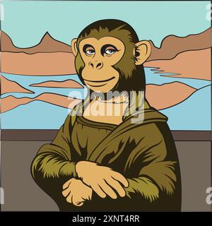 Cute smiling monkey dressed and posing like famous mona lisa painting. Funny vector illustration for tshirt clip art and print on demand merch Stock Vector