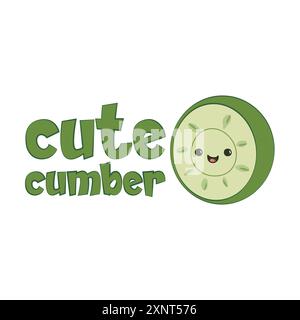 Cute cucumber slice cartoon with a funny quote cute cumber. Vector illustration for tshirt, website, print, clip art, poster and custom print on deman Stock Vector