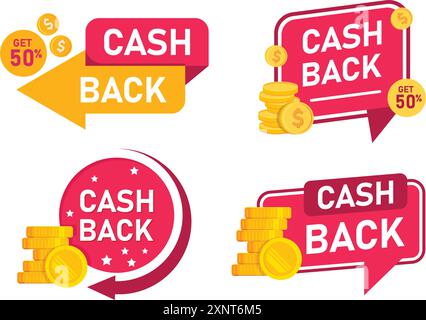 Cashback icons set in flat style. Money back label vector illustration on isolated background. Cash back poster sign business concept. Stock Vector