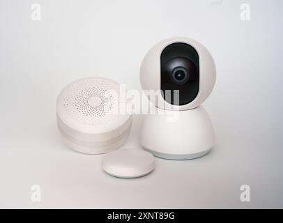 smart home devices. Security camera hub. Automation button white background Stock Photo