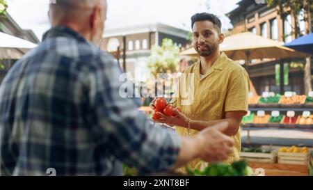 Portrait of a Young Handsome Customer Shopping for Organic Seasonal Fruits and Vegetables for a Healthy Breakfast. Multiethnic Man Buying Sustainable Bio Tomatoes From a Local Street Vendor Stock Photo