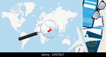 Oman is magnified over a World Map, illustration with airplane, passport, boarding pass, compass and eyeglasses. Vector illustration. Stock Vector