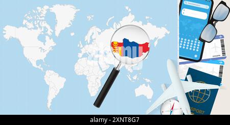 Mongolia is magnified over a World Map, illustration with airplane, passport, boarding pass, compass and eyeglasses. Vector illustration. Stock Vector
