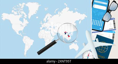 Laos is magnified over a World Map, illustration with airplane, passport, boarding pass, compass and eyeglasses. Vector illustration. Stock Vector