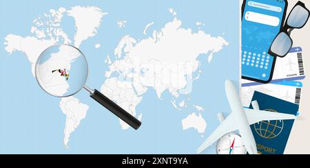 Maryland is magnified over a World Map, illustration with airplane, passport, boarding pass, compass and eyeglasses. Vector illustration. Stock Vector