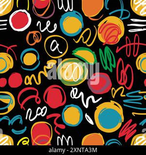 Hand drawn doodle seamless pattern in paint brush style on black background. Vector illustration Stock Vector
