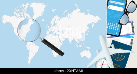 Rhode Island is magnified over a World Map, illustration with airplane, passport, boarding pass, compass and eyeglasses. Vector illustration. Stock Vector