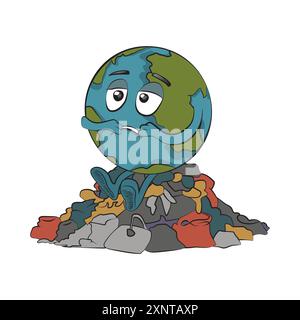 Earth Day. Save the planet. Sad earth globe sitting on a pile of trash. Air, water, Land pollution. Vector illustration Stock Vector
