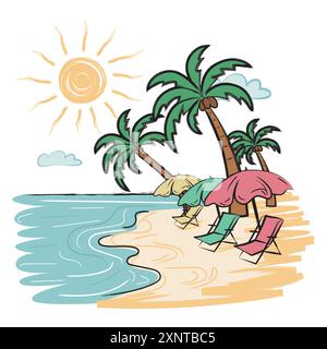 Beach on an island with coconut trees, spot for holidays, at the time of sunrise in artistic painting style. Vector illustration for tshirt merch Stock Vector