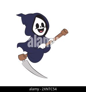 Cute happy grim reaper cartoon riding on its scythe. Vector illustration for tshirt, website, print, clip art, poster and custom print on demand merch Stock Vector