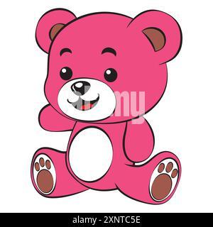 Cute happy pink baby teddy bear saying hi. Vector illustration for tshirt, website, print, clip art, poster and custom custom print on demand merch Stock Vector