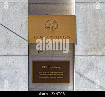 195 Broadway, American Telephone & Telegraph Company Building, is a neoclassical landmark in NYC’s Financial District, granite with bronze accents. Stock Photo