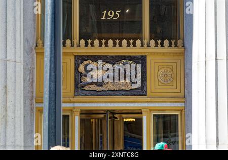 195 Broadway, American Telephone & Telegraph Company Building, is a neoclassical landmark in NYC’s Financial District, granite with bronze accents. Stock Photo