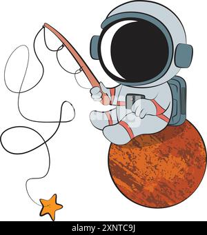 Cute astronaut fishing in space catching stars with fishing rod. Vector illustration for tshirt, website, clip art, poster and print on demand merchan Stock Vector