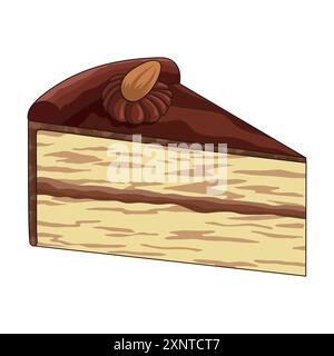 Marbled almond cream and chocolate cream, decorated with chocolate powder, and almond chocolate piece cake with one almond on top of whipped chocolate Stock Vector