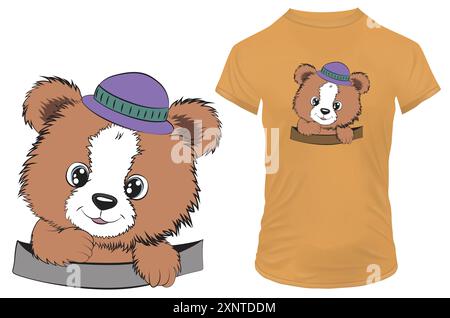 Cute baby bear in pocket. Hand drawn funny teddy bear vector illustration for tshirt, website, print, clip art, poster and print on demand merchandise Stock Vector