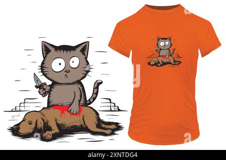 Drawing of an angry moody cat holding knife over dead dog's body. Vector illustration for tshirt, website, clip art and print on demand merch Stock Vector