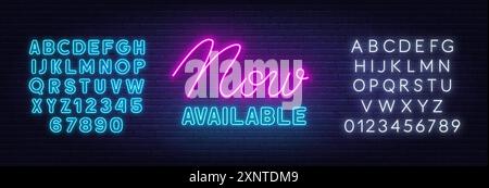 Now Available Neon Sign on brick wall background. Blue and white neon alphabet. Stock Vector