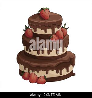 Chocolate Strawberry Cake Decorated with Strawberries with Green Stems Here and There on a Three-tier Cake with Dripping Chocolate Syrup Stock Vector