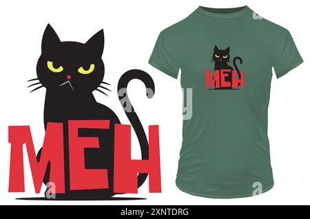 Sillouette of an angry moody cat with a funny quote meh. Vector illustration for tshirt, website, clip art, poster and custom print on demand merchand Stock Vector