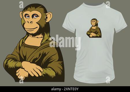 Cute smiling monkey dressed and posing like famous mona lisa painting. Funny vector illustration for tshirt print on demand merch Stock Vector