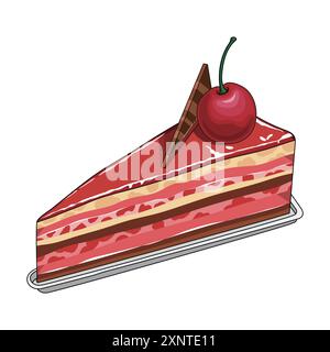 Cherry and chocolate pieces, cherry mousse, cross-section of a piece of mousse cake with jelly, jam, cream, etc Stock Vector