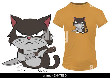 Cute angry kitten cartoon with a knife. Vector illustration for tshirt, website, clip art, poster and custom print on demand merchandise. Stock Vector