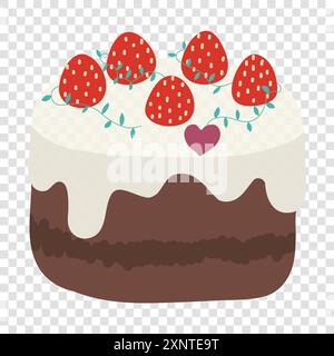 Sweet dessert whole cake with white cream flowing down on chocolate sheet and decorated with strawberries and herb leaves Stock Vector