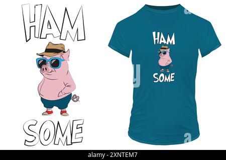 Cool pig with sunglasses and a funny double meaning quote hamsome means handsome. Vector illustration for tshirt print on demand merch Stock Vector
