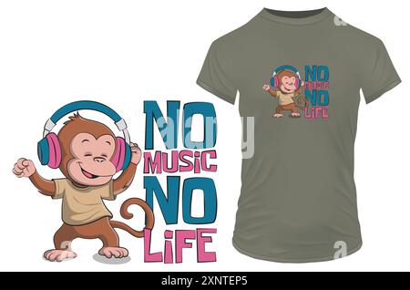 Funny cute monkey dancing and listening music with an inspirational motivational quote no music no life. Vector illustration for tshirt, website, clip Stock Vector