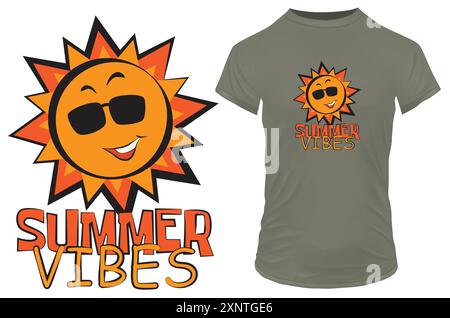 Funny sun cartoon in sunglasses with a quote summer vibes. Vector illustration for tshirt, website, clip art, poster and print on demand merchandise. Stock Vector