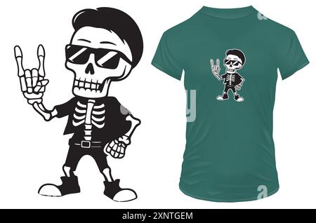 Cute funny cool skeleton with sunglasses showing rock hand symbol. Vector illustration for tshirt, website, print and print on demand merch Stock Vector