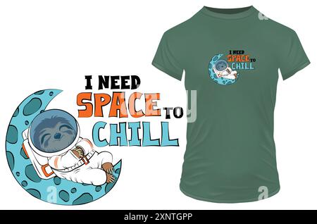 Cartoon of a cute sloth astronaut sleeping on the moon with a funny quote I need space to chill. vector illustration for tshirt print merch Stock Vector