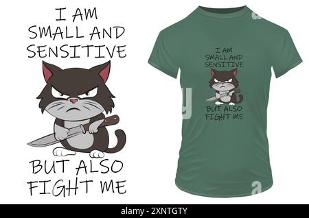 Cute angry kitten cartoon with a knife with a funny quote. Vector illustration for tshirt, website, clip art, poster and custom print on demand merch Stock Vector