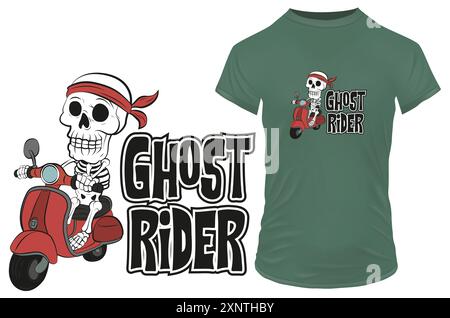 Funny skeleton cartoon in bandana riding a red scooter with a quote Ghost Rider. Vector illustration for tshirt print on demand merch Stock Vector