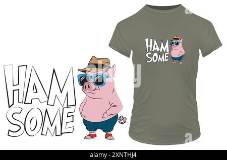 Cool pig with sunglasses and a funny double meaning quote hamsome means handsome. Vector illustration for tshirt print on demand merch Stock Vector