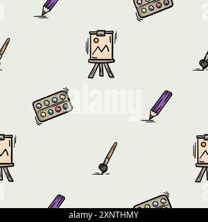 Bright seamless pattern with brush, paint, easel and pencil icons. Illustration related to creativity, drawing, school Stock Vector