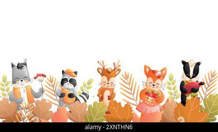 Childrens animals background. A wolf, raccoon, fox, badger, deer surrounded by autumn leaves, branches, and mushrooms. Stock Vector