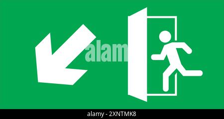 Emergency exit and fire exit sign set, running man icon to door, green color, arrow vector, warning sign plate Stock Vector