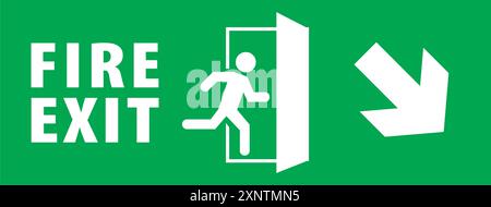Emergency exit and fire exit sign set, running man icon to door, green color, arrow vector, warning sign plate Stock Vector