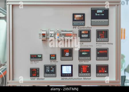 comprehensive electrical control panel equipped with various meters and relays Stock Photo