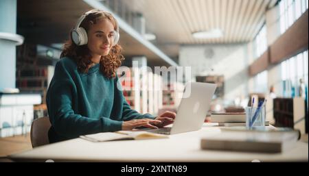 Dedicated Caucasian Female Student Engaged in Online Learning at a Modern Library. Young Woman Wearing Headphones, Using Laptop to Study, Surrounded by Books and Academic Atmosphere. Stock Photo