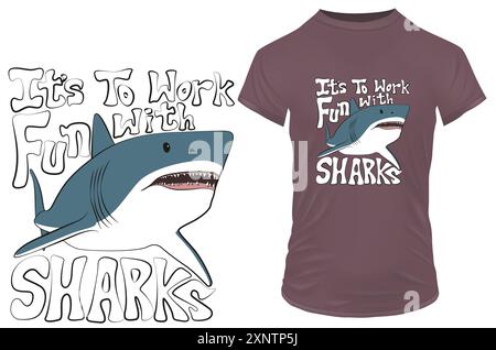 Funny "It's Fun To Work With Sharks" Great White Shark Illustration T-Shirt Design Mockup on Brown Shirt — Humor Ocean Apparel Stock Vector