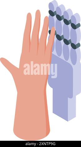 Engineer is touching a bionic hand with artificial sensors, isometric icon Stock Vector