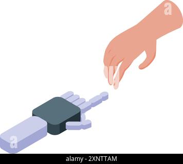 Robotic arm and human hand reaching out to each other in a symbol of ...