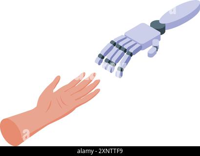 Robotic hand and a human hand are reaching out to each other, symbolizing the growing connection between humanity and technology Stock Vector