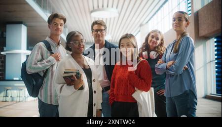 Diverse Group of Students Standing Together in Modern University Hallway. Multiethnic Young Adults with Books and Backpacks, Smiling and Posing for a Group Photo in a Brightly Lit Educational Setting Stock Photo